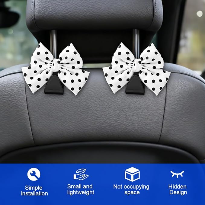2PCS Car Seat Headrest Hook, Cute Bow Backseat Hanger Holder for Purse Bag Handbag Coat, Auto Interior Seat Back Grocery Storage Organizer Hook, Universal for Vehicles (White Polka Dots)
