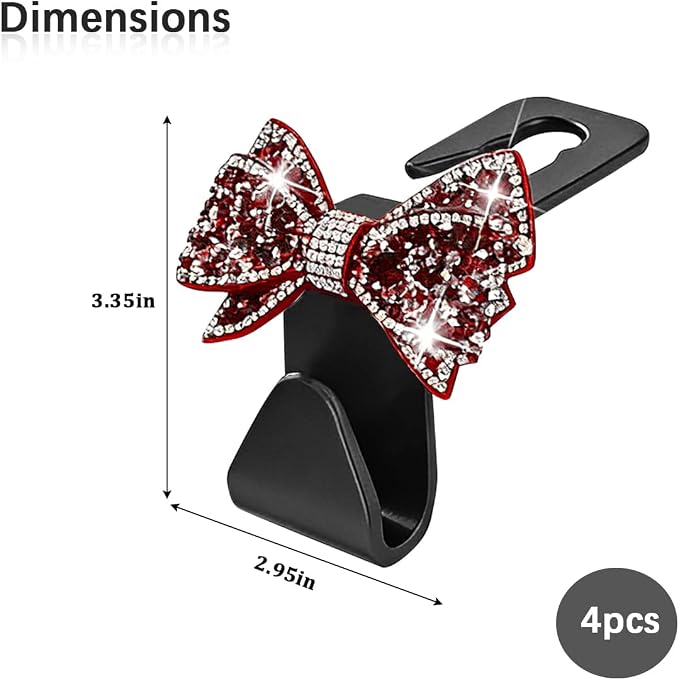Zpana Bling Car Headreat Hook, 2PCS Crystal Rhinestone Cute Bow Vehicle Seat Back Hanger Storage for Purses Bags Grocery, Diamond Auto Rear Seat Organizer, Universal for SUV Truck Sedan (Red)