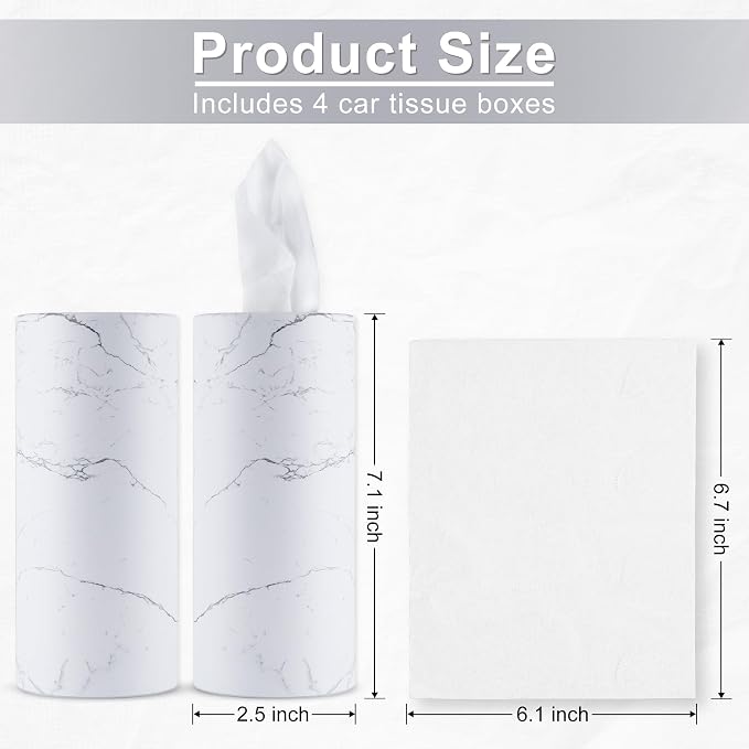 Car Tissue Holder, 4 Pack Car Cup Holder Facial Tissues with Travel Tissue Bag, Quick and Convenient Flower Combination Car Tissue Box(4 Canisters/200 Tissues) White