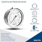 0-60 Psi Glycerin Liquid Filled Low Pressure Gauge, 2.5" Dial Size, 1/4" NPT Back Mount, Stainless Steel Case, for Pool Sand Filter Pump Tire Water Oil Air Pressure Test
