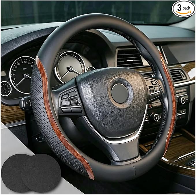 Black Steering Wheel Cover Wood Grain Leather Universal 14.5"-15" | Wood Car Steering Wheel Covers with Coasters Microfiber Breathable Anti-Slip Durable Steering Wheel Accessories Set