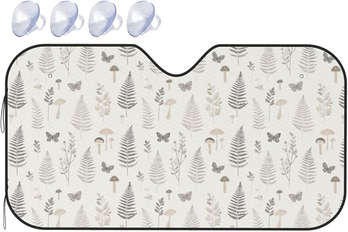 Windshield Sun Shade Botanical Leaf Butterfly Mushroom Car Front Window Sunshade Cover for Truck SUV Blocks UV Rays Automotive Visor Interior Protector 51 x 27.5 inch