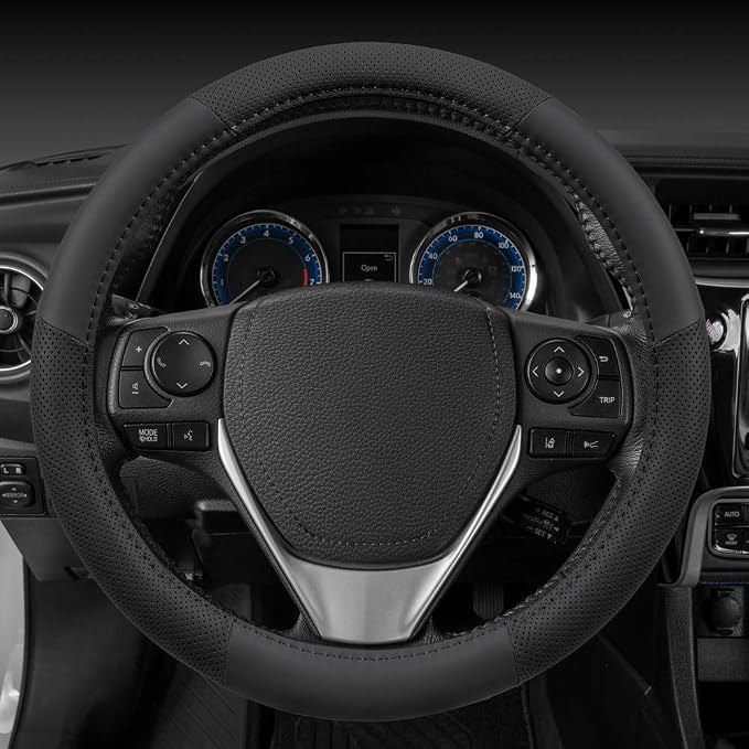 Perforated Microfiber Leather Steering Wheel Cover for Cars Trucks SUVs Vans, Sporty Racing Improved Grip Anti-Fatigue Ergonomic Design, Airbag Compatible - Fits Standard 15" Inch - Black