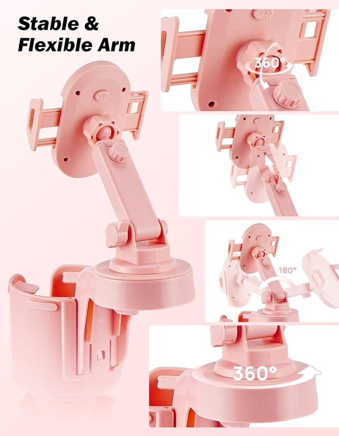 Cup Holder Phone Mount for Car, Car Cellphone Large Adapter Long Arm with 360 Degree Rotation, Compatible iPhone, Samsung & All Smartphones,Pink,1 Pack