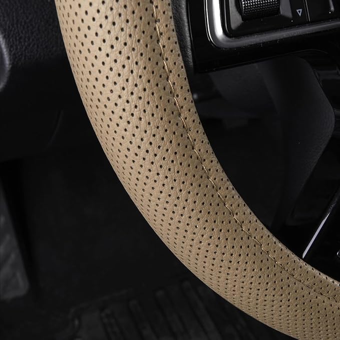 Classical Leather Automotive Universal Steering Wheel Covers,Universal Fit for Suvs,Trucks,Sedans,Cars,Vans,14.5-15inch Anti-Slip Safety Comfortable Desgin(Beige)