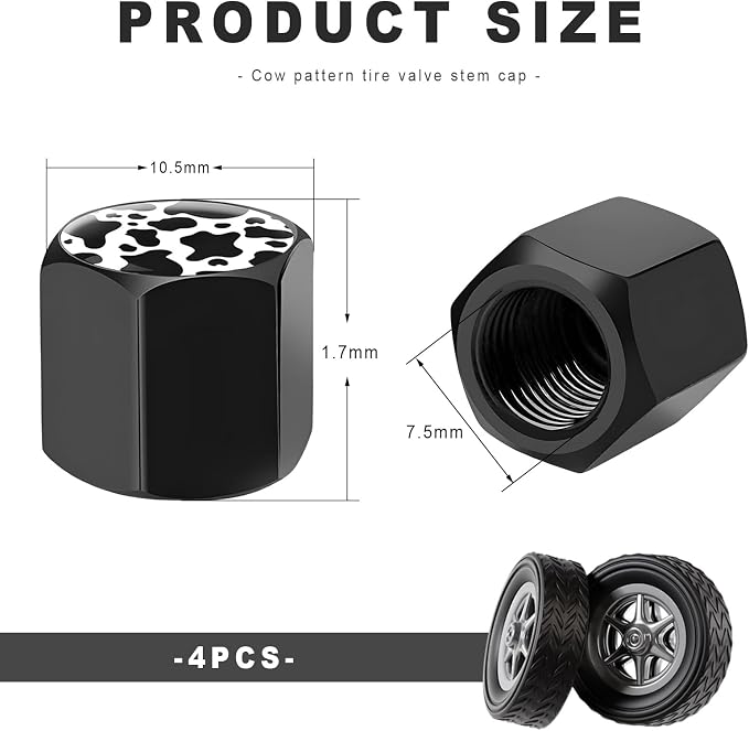 4 PCS Tire Valve Stem Caps, Cute Cow Print Airtight Dust Proof Tire Valve Covers, Corrosion Resistant Aluminum Wheel Stem Caps for Cars, Trucks, SUVs (Cow Print)