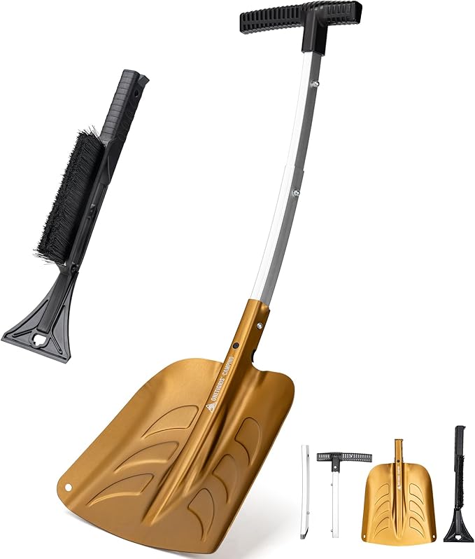 Snow Shovel, Collapsible Aluminum Alloy with Ice Scraper Brush - Portable Folding Shovel for Camping, Car Emergency, Winter Outdoor - 25.98" Lightweight Durable Design (Coyote Brown)