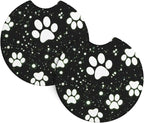 Paw Print Steering Wheel Cover - 15 Inch Black White Dog Paw Steering Wheel Cover Anti-Slip Breathable Universal 2 Pcs Car Interior Cup Holder Pad for Men Women