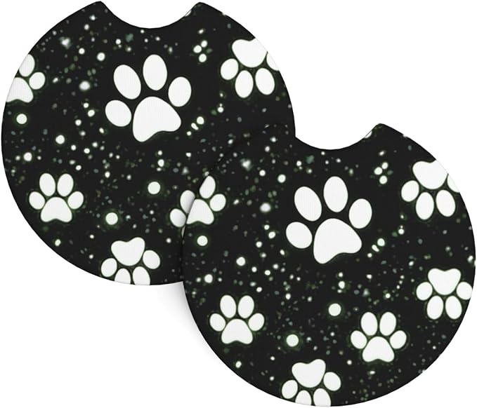 Paw Print Steering Wheel Cover - 15 Inch Black White Dog Paw Steering Wheel Cover Anti-Slip Breathable Universal 2 Pcs Car Interior Cup Holder Pad for Men Women