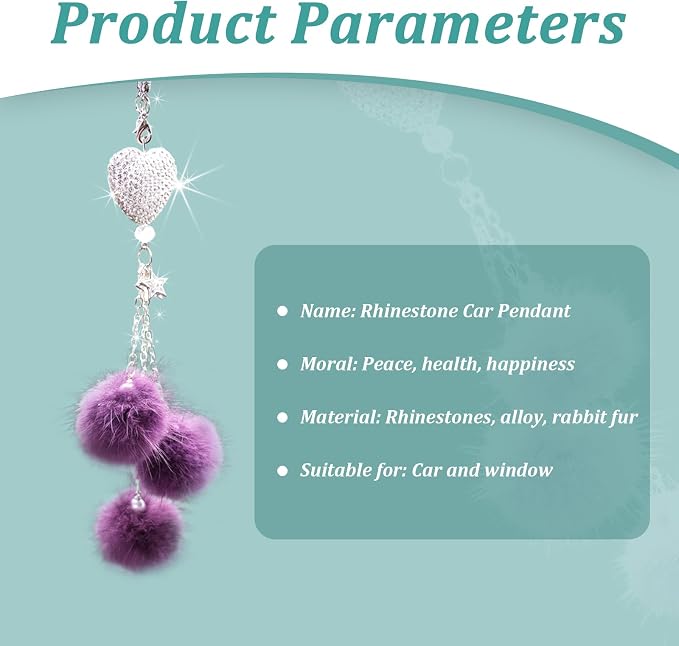 Bling Diamond Heart Car Interior Accessories, Car Mirror Hanging Ornament for Women, Love Heart & Pink Plush Ball Decor Ornament Pendant (Eggplant Purple)
