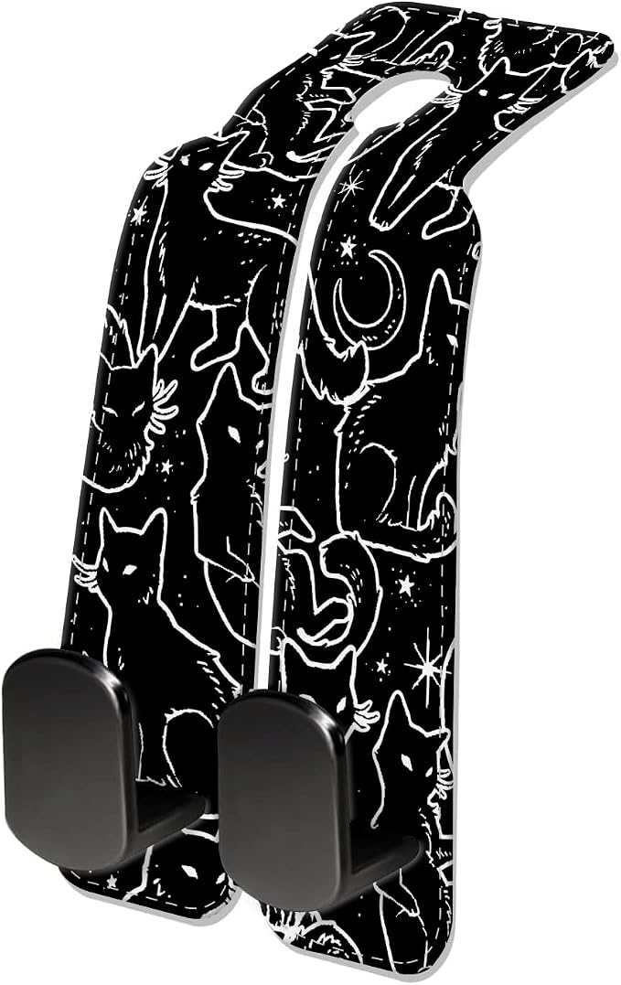 Car Seat Headrest Hook, Universal Leather Cute Hanger Holder Hook, Storage Organizer Interior Accessories for Purse Bags Handbag Black White Cats