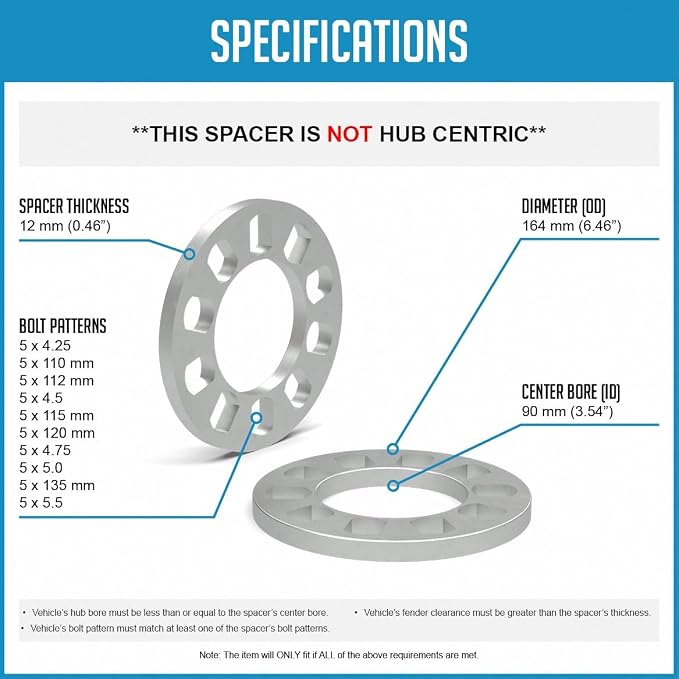 4 Pcs Die Cast Wheel Spacer 12mm 1/2" Thick Fits Bolt Patterns 5x4.25 5x110 5x112mm 5x4.5 5x115 5x120mm 5x4.75 5x5 5x135mm Fits 5 Lug Pass Cars Light Trucks - Not Hub Centric