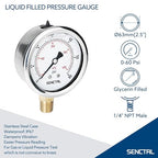 60 Psi Glycerin Liquid Filled Low Pressure Gauge, 2.5" Dial Size, 1/4" NPT Lower Mount, Stainless Steel Case, Pool Sand Filter Water Pump Tire Water Oil Air Pressure Test