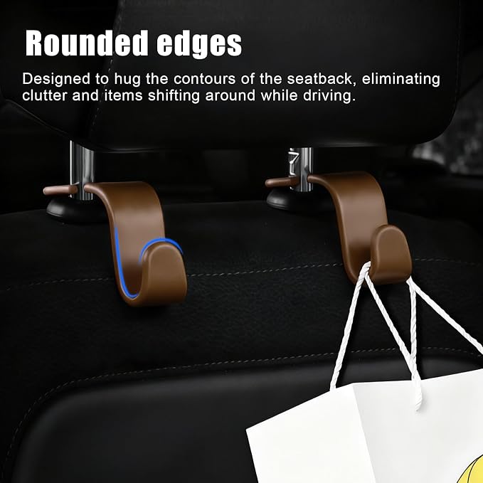 Purse Hook for Car, 4 PCS Car Purse Hook Headrest Hooks, 360° Rotatable Back Seat Storage Organizer, Universal Vehicle Seat Hanger for Purses, Handbags, Grocery Bags, Water Bottles, Brown
