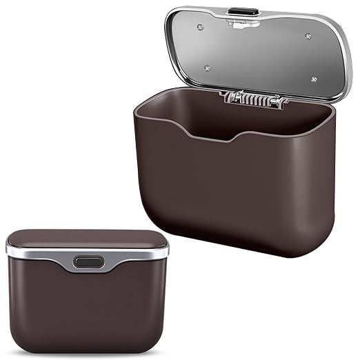 Car Trash Can with Lid - 2-in-1 Leather Top Car Garbage Can & Storage Box | Leakproof, Waterproof Hanging Auto Trash Bin for Back of Seat, Door, SUVs, Trucks, Sedans Brown