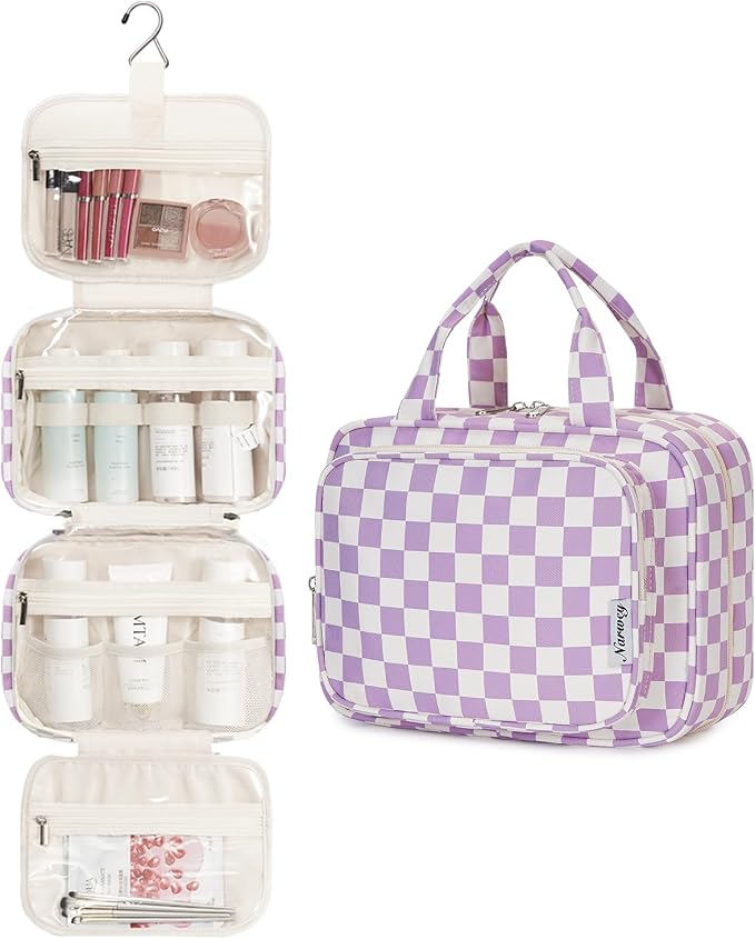Hanging Toiletry Bag for Women Travel Makeup Bag Organizer Toiletries Bag for Travel Size Essentials Accessories Cosmetics (Purple Checkerboard (Medium))