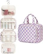 Hanging Toiletry Bag for Women Travel Makeup Bag Organizer Toiletries Bag for Travel Size Essentials Accessories Cosmetics (Purple Checkerboard (Medium))