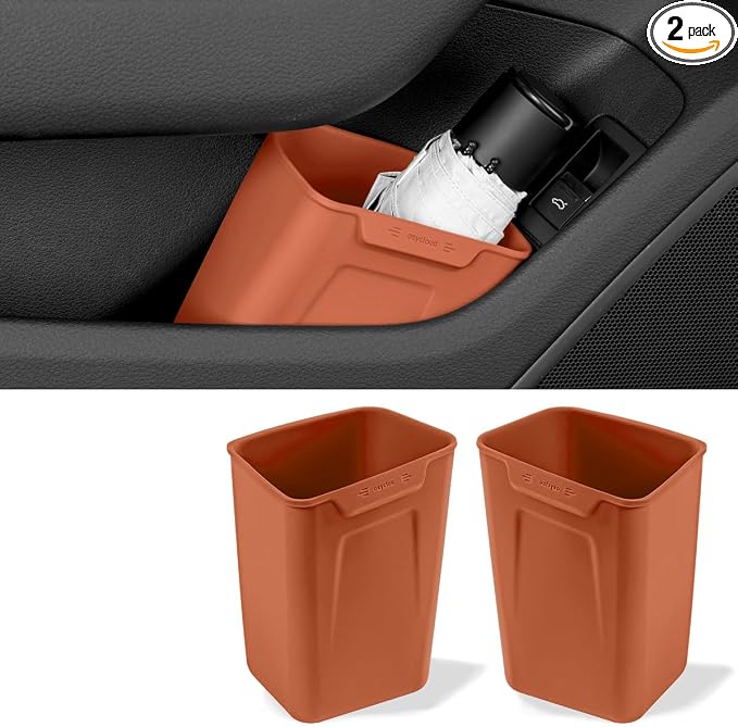 Car Interior Storage Box, Black Silicone Door Side Organizer with Umbrella Holder and Trash Can, Vehicle Accessory (Orange)