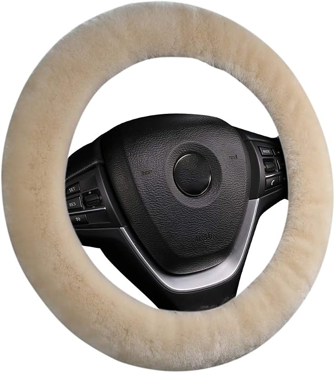 Soft Fluffy Warm Genuine Sheepskin Car Steering Wheel Cover, Fuzzy Fur Wool Protector for Winter Universal Car 14 1/2inch-15 1/2inch, Anti-Slip Comfortable Auto Accessories (Pearl)