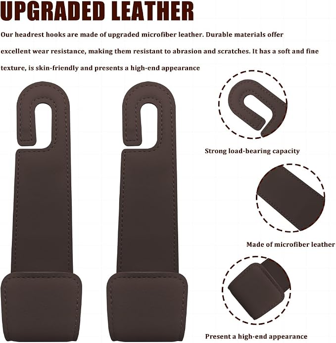 2PCS Car Seat Headrest Hooks, Purse Hook for Car, Automotive Headrest Handbags Holder, Auto Accessories Leather Seatback Organizer Hanger for Hanging Purses Bags Coats (Brown, 2PCS)