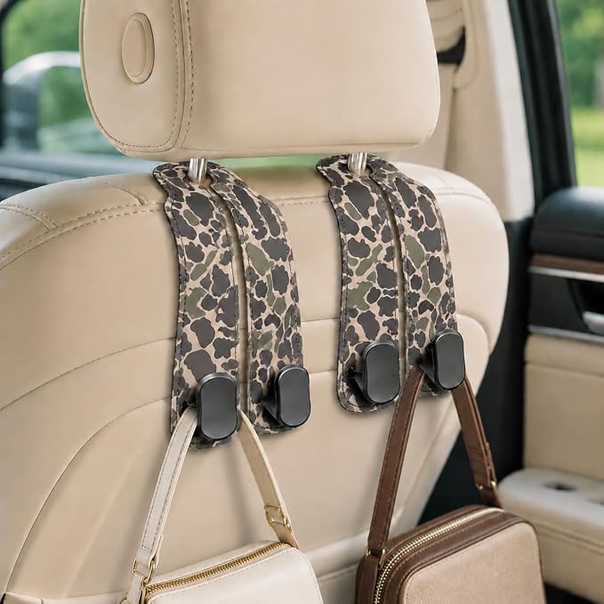 Cute Camo Car Seat Back Storage Headrest Hooks for Purses & Bags – 2PCS PU Leather Dual Metal Hooks, Backseat Organizer Accessories