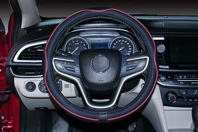 Large Size Steering Wheel Cover Anti-Slip,Safety,Soft,Breathable,Durable,Full Surround,Comfortable Grip Microfiber Leather (15.5-16 inch, Black Red)