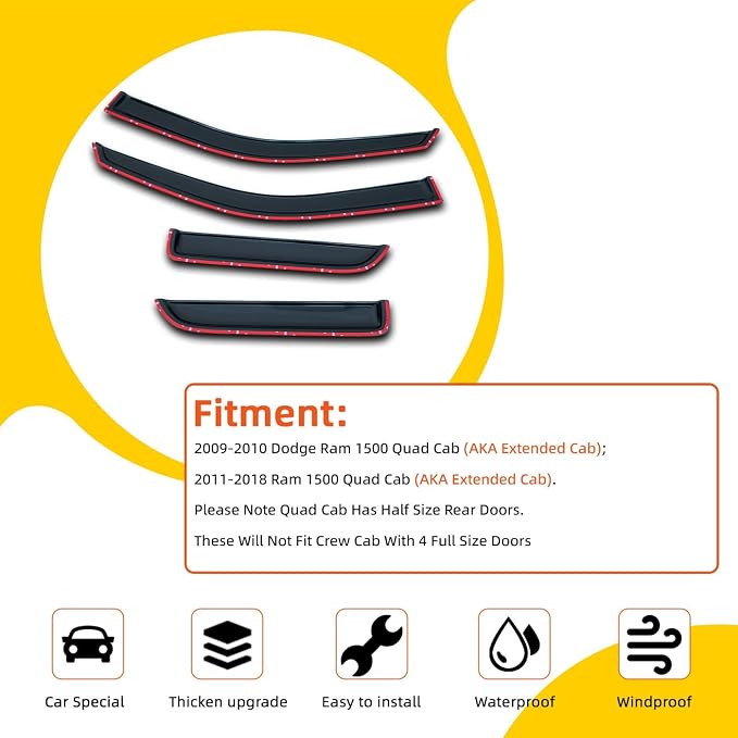 Window Visor Rain Guards Compatible with 2009-2018 Dodge Ram 1500 Quad Cab/Extended Cab,Window Wind Deflector Vent Visors for Trucks Accessories Outside Mount Tape-On 4 Pieces