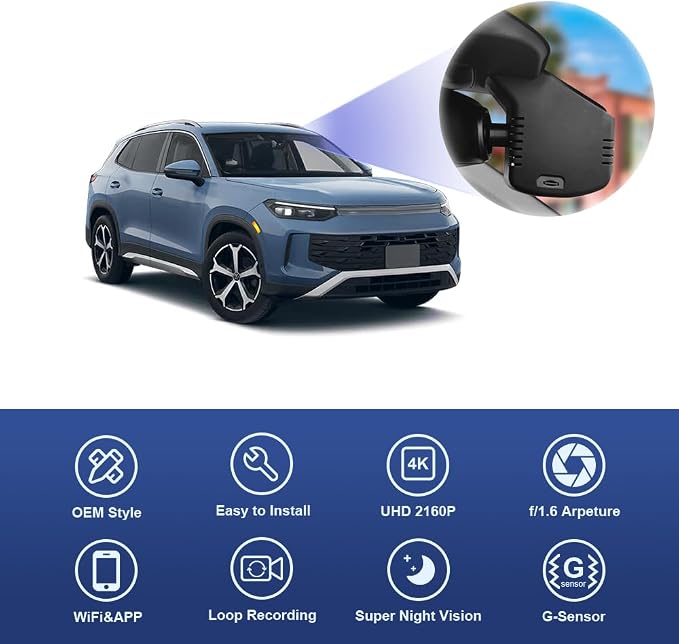 4K Dash Cam Suitable for Volkswagen Tiguan 2024-2026 MK3 (Black Cover), OEM Factory Look, UHD 2160P Video, Built-in WiFi & APP, Loop Recording, Parking Sensor, Plug & Play, 64GB Card