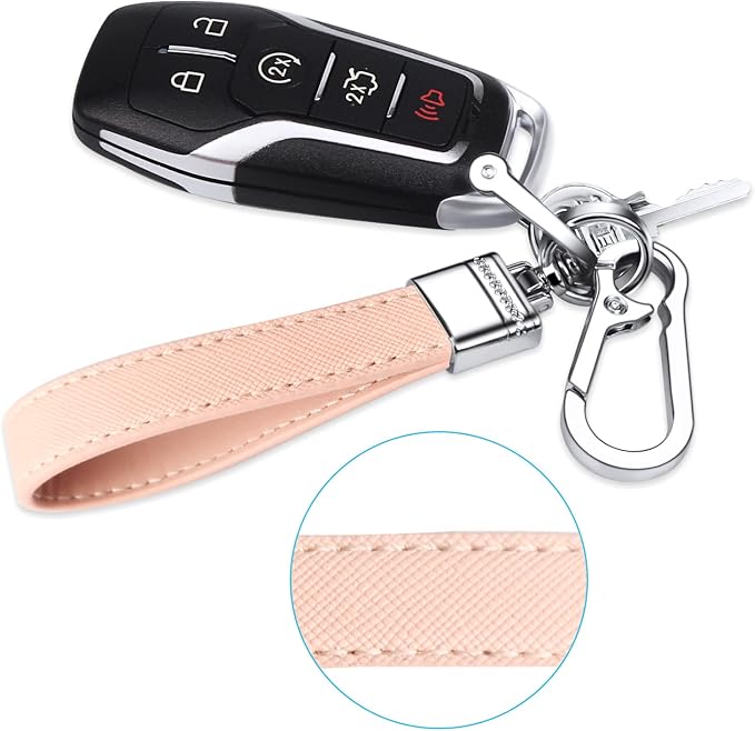 Genuine Leather Car Keychain,Universal Heavy Duty Metal Key Chain Accessories,Car Fob Key Keychain Holder with 360 Degree Rotatable Snap Swivel and Anti-Lost D-Ring for Men Women（Pink）