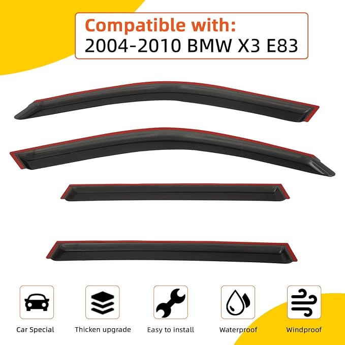 Rain Guards Compatible with 2004-2010 BMW X3 E83 Smoke Tint 4-Door Tape-On Side Window Visor Wind Deflector Vent Visors Car Accessories