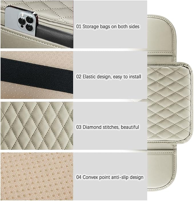 carleef Thin Arm Rest Cover for Car,Leather+Memory Foam Center Console Cover with Storage Bags,Universal Middle Console Cover Car Accessories Interior for Most Cars Center Consoles (Light Beige)