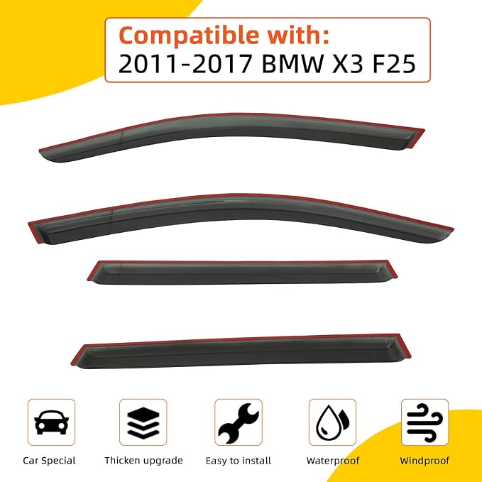 Rain Guards Compatible with 2011-2017 BMW X3 F25 4-Door Tape-On Side Window Visor Wind Deflector Vent Visors Car Accessories
