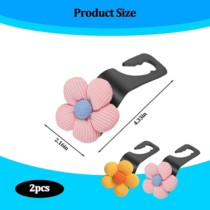 2PCS Car Seat Headrest Hook, Cute Flower Vehicle Backseat Purse Handbag Storage Hanger, Floral Auto Seat Back Holder Hook for Coat Umbrella Grocery, Universal for Vehicles (Pink/Yellow)