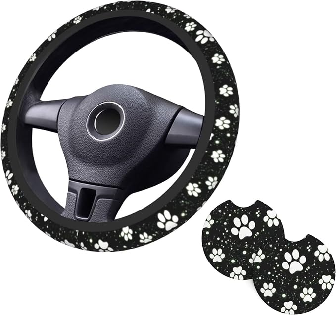 Paw Print Steering Wheel Cover - 15 Inch Black White Dog Paw Steering Wheel Cover Anti-Slip Breathable Universal 2 Pcs Car Interior Cup Holder Pad for Men Women