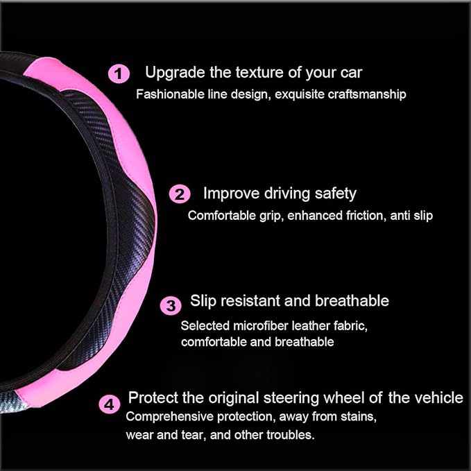 Ultra Fine Carbon Fiber Leather Steering Wheel Cover, Anti Slip and Sun Protective Protect the Steering Wheel, Easy to Install,Universal of 14.5"-15" (Pink)
