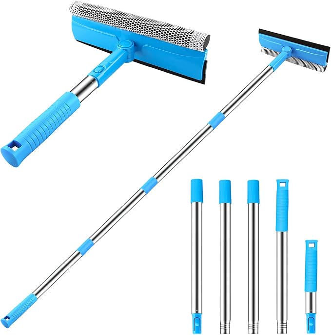 Window Squeegee, 2 in 1 Window Cleaner Tool with 57-in Extension Pole and Sponge Professional Squeegee for Window Cleaning Car Windshield Glass Shower, Blue