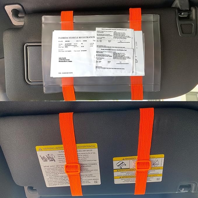 Car Registration and Insurance Holder Visor - Durable Elastic Band & Buckle Closure - Conveniently Stores Documents - Essential Car Accessory (Orange/Orange), Made in USA