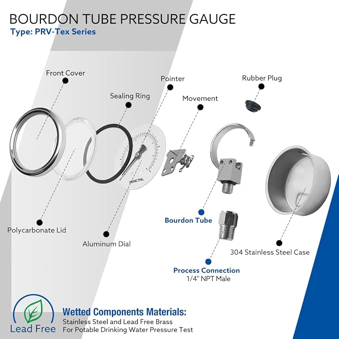 100 Psi Lead-Free Pressure Gauge, 2" Dial, 1/4 NPT Lower Mount, Waterproof, Stainless Steel Case, for Home Potable Water Tank, Well Pump, RV Regulator, Espresso, Pool Filter Test