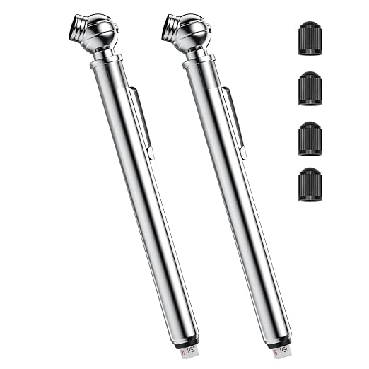Pencil Tire Pressure Gauge 2 Pack, 10-75PSI Air Pressure Gauge with Tire Caps, Stainless Steel Body, 3 Measurements (±2% Span) for Cars, RVs, Bicycles
