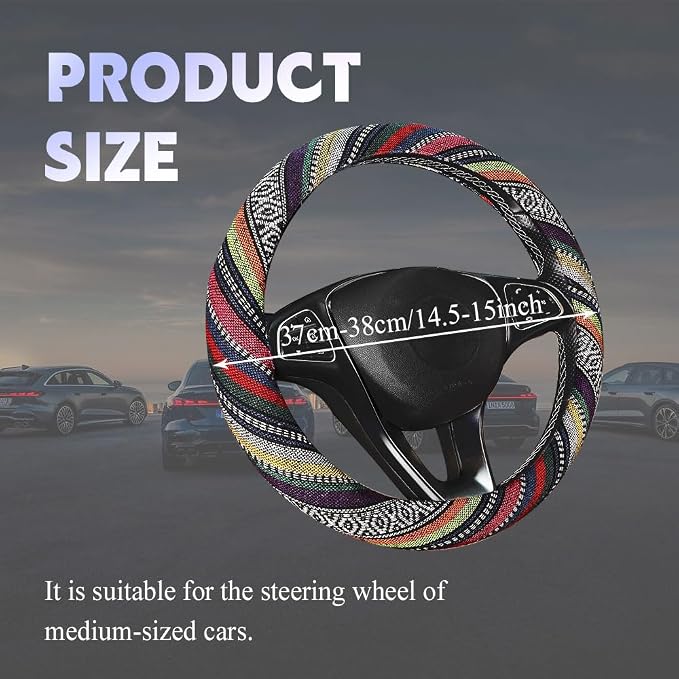 Boho Steering Wheel Cover, Steering Wheel Cover Women, 15 inch Hippie Style Protector Covers, Universal Ethnic Flax Cloth Car Accessories Universal for SUV Van Truck (Hippie-B)