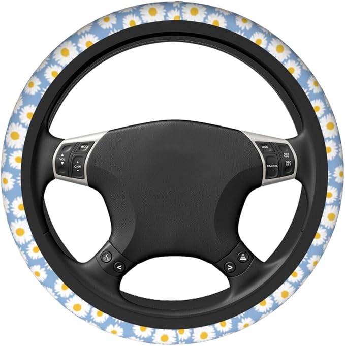 Daisy Flower Steering Wheel Cover Anti-Slip and Practical 14.5-15 Inch Universal Car Steering Wheel Cover with 2 Pieces Car Coasters Suitable for Men Women
