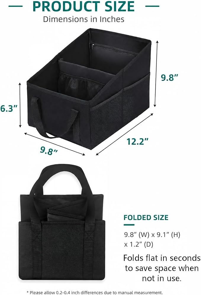 Car Seat Organizer, Collapsible Front Seat Storage Box with Adjustable Divider & Seatbelt Straps, Oxford Multifunctional Car Organizer for Passenger Seat, Backseat & Trunk, Black
