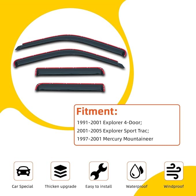 in-Channel Rain Guards Compatible with 2001-2005 Sport Trac 1997-2001 Mercury Mountaineer 1991-2001 Explorer Side Window Visor Wind Deflector Vent Visors Car Accessories Tape-On 4pcs