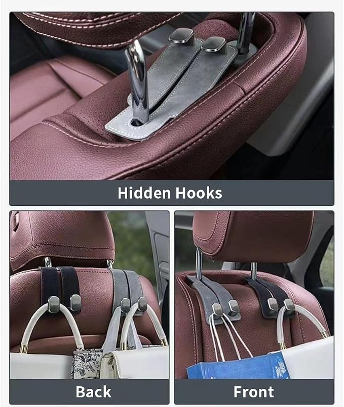 KINIVA Car Seat Headrest Storage Hooks, Set of 2, Suede PU Leather, Double Hooks (Black)