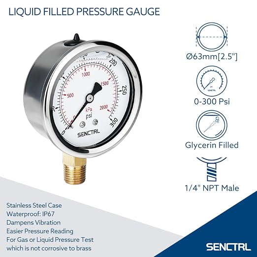 0-300 Psi Glycerin Liquid Filled Pressure Gauge, 2.5" Dial Size, 1/4" NPT Lower Mount, Stainless Steel Case, for Air Gas Water Oil Hydraulic Pressure Test