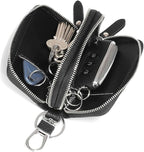 Key Fob Case Genuine Leather, Double Zipper Car Key Holder & Key Wallet with Keychain, Key Pouch for Purse Gift