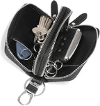 Key Fob Case Genuine Leather, Double Zipper Car Key Holder & Key Wallet with Keychain, Key Pouch for Purse Gift
