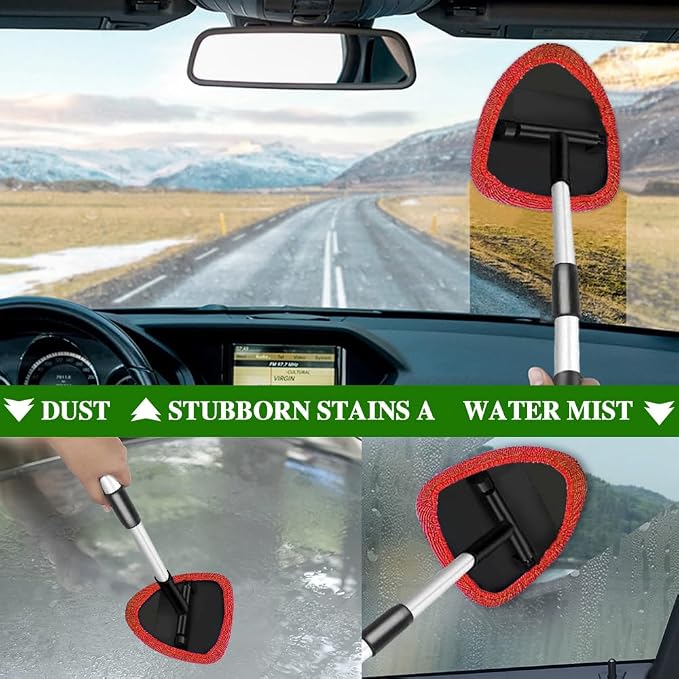 Windshield Cleaning Tool, Car Window Cleaner with Extendable Long Handle and 4 Washable Reusable Microfiber Pads, Auto Interior Exterior Auto Glass Wiper for Windshield, Universal for Most Cars (Red)