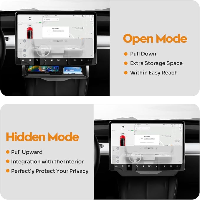 Hidden Under Screen Storage Box for 2016-2026 Tesla Model Y/Model 3 Accessories,One‐Click Open & Silent Damping Slides Center Console Organizer (Fit New Model Y Juniper/Model 3 Highland)