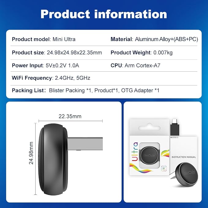 Wireless CarPlay & Android Auto Adapter - Mini Ultra 3 Convert OEM Wired to Wireless Dongle for iPhone & Android 11+, USB-A/Type-C Plug & Play, Fast Connection, Online Upgrade